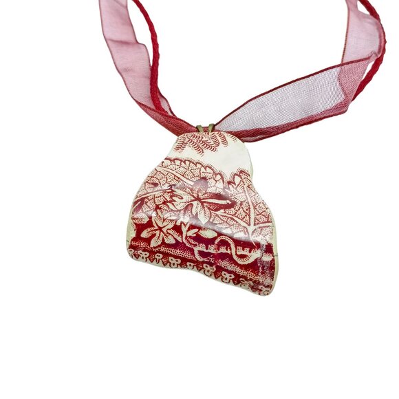 Vintage Red and White Ceramic Shard Pendant Necklace with Sheer Ribbon and Cord - Picture 2 of 5